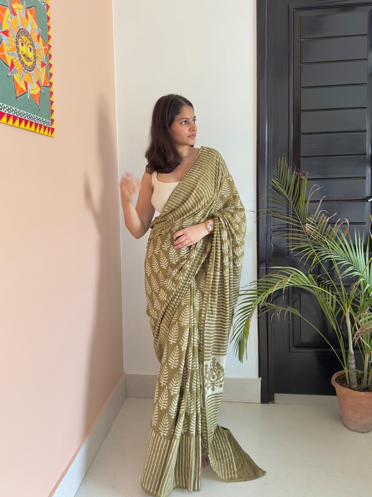 Handcrafted olive green floral print saree in cotton