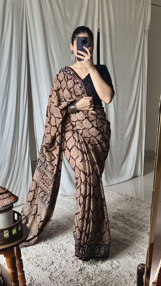 Brown pure Ajrakh saree