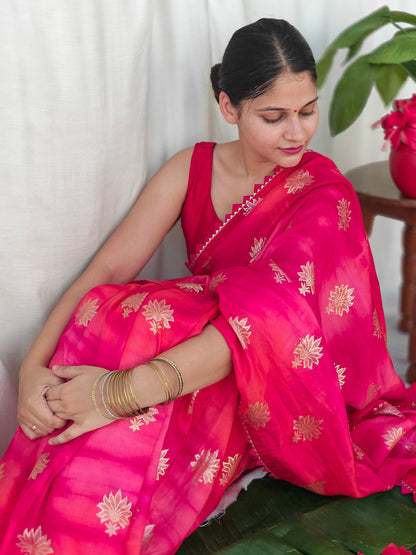 Scarlet sunset | Pure dola silk saree in pink & orange shade