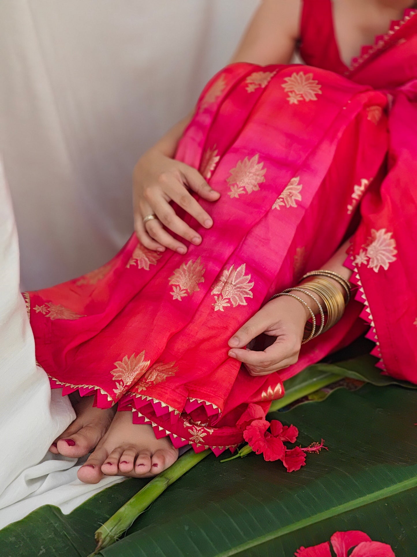 Scarlet sunset | Pure dola silk saree in pink & orange shade