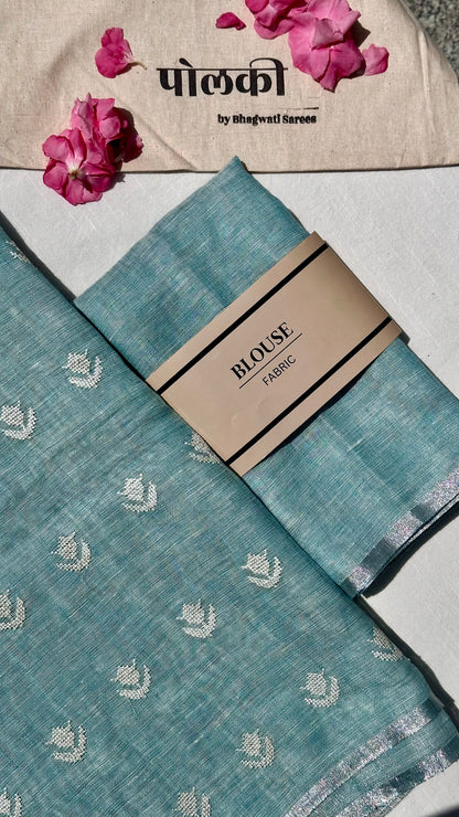 Pastel blue soft linen saree with embroidery