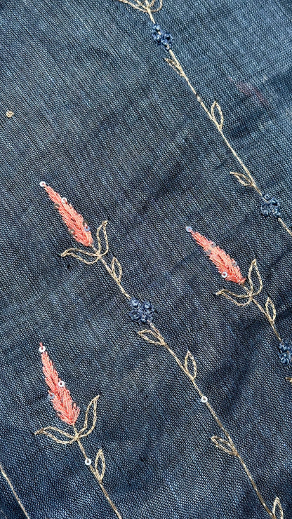 Hand embroidered soft linen saree navy blue color