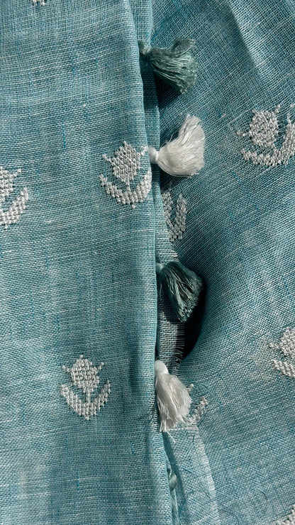 Pastel blue soft linen saree with embroidery