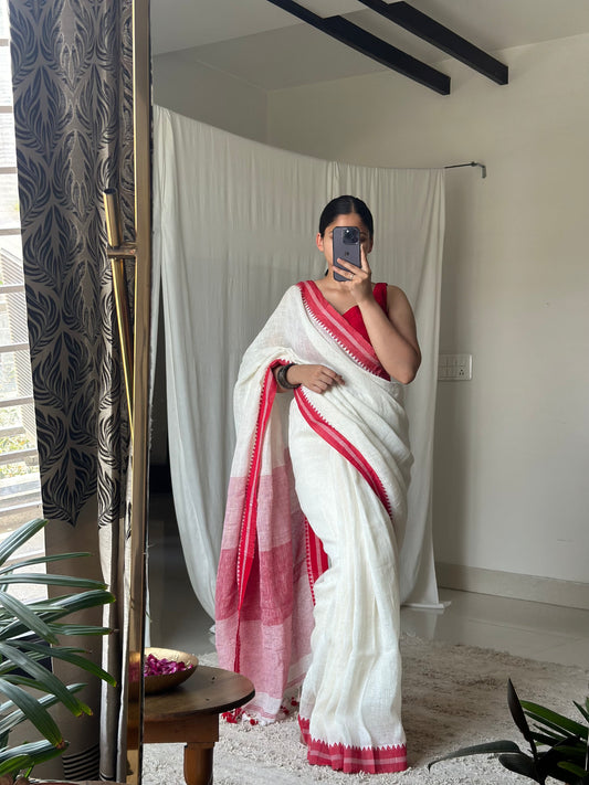 Red & white plain soft linen saree 