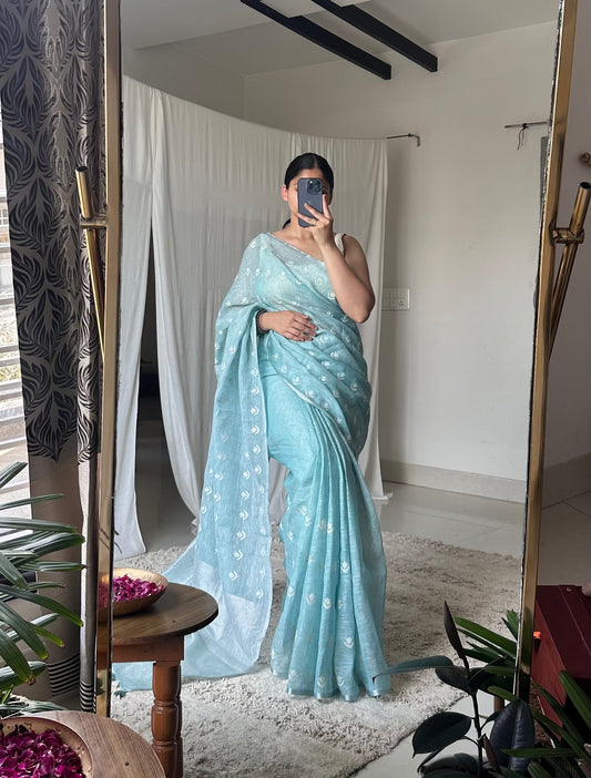 Pastel blue soft linen saree with embroidery