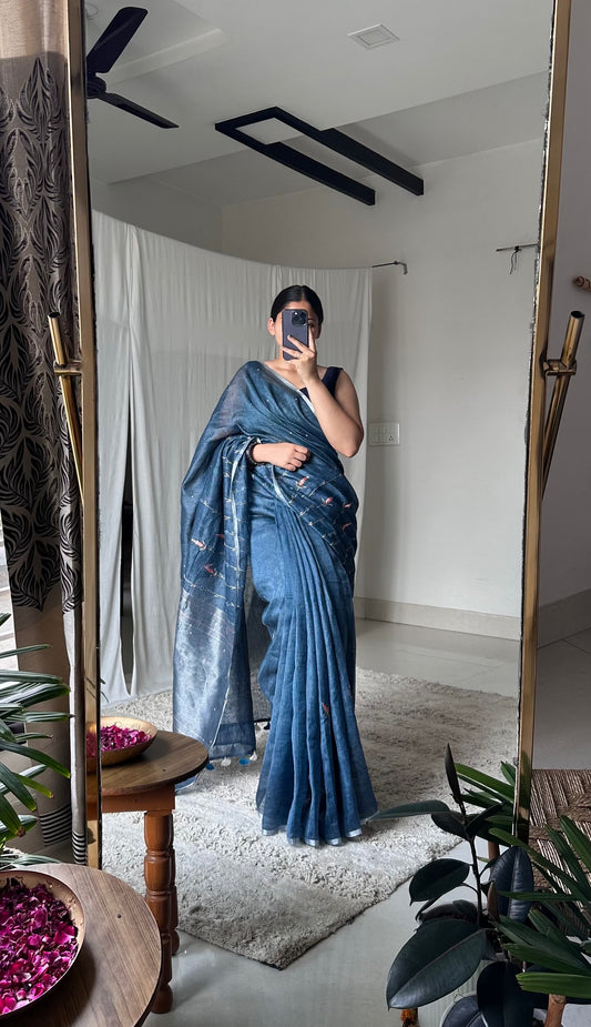 Hand embroidered soft linen saree navy blue color