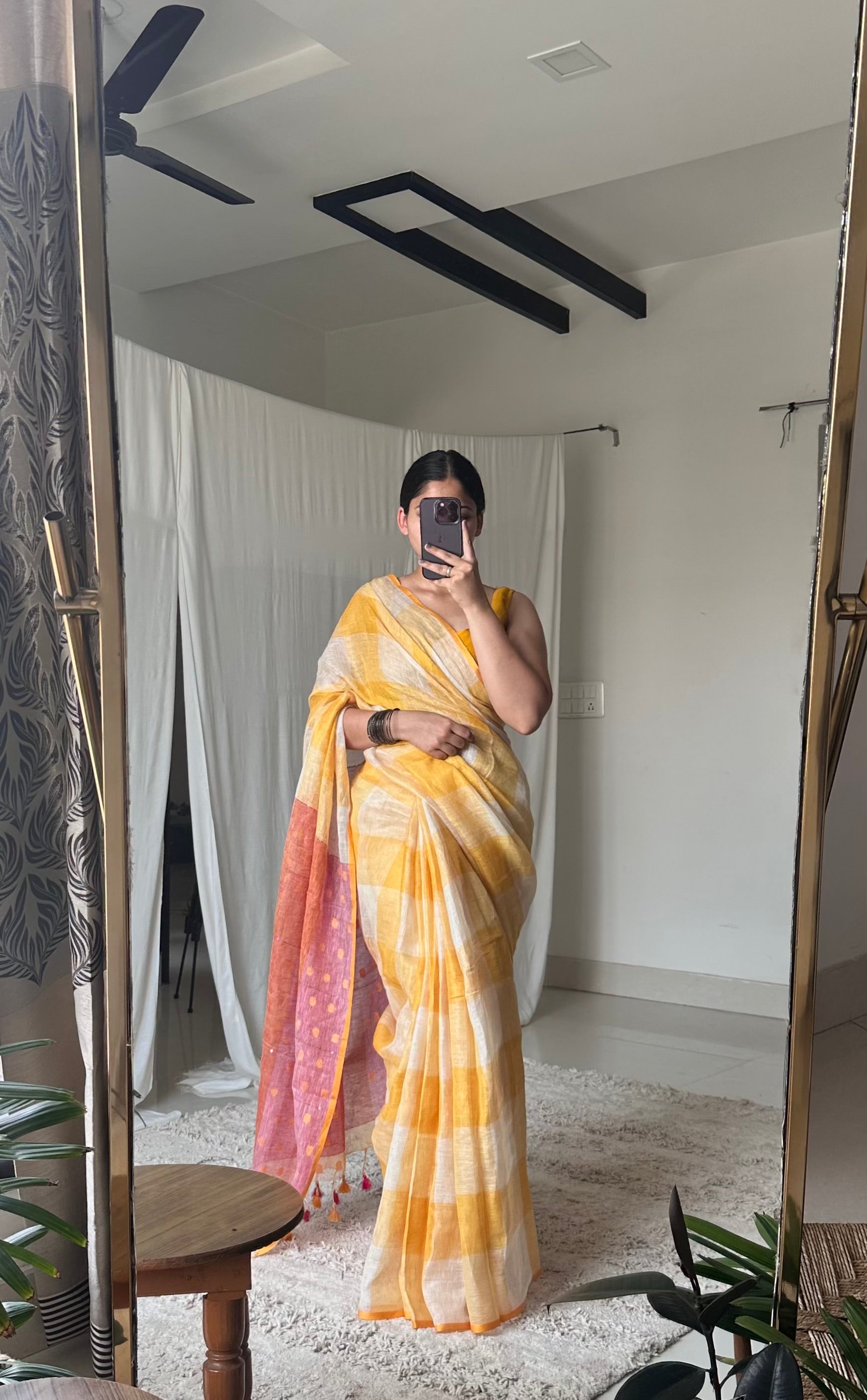 Yellow pink saree look