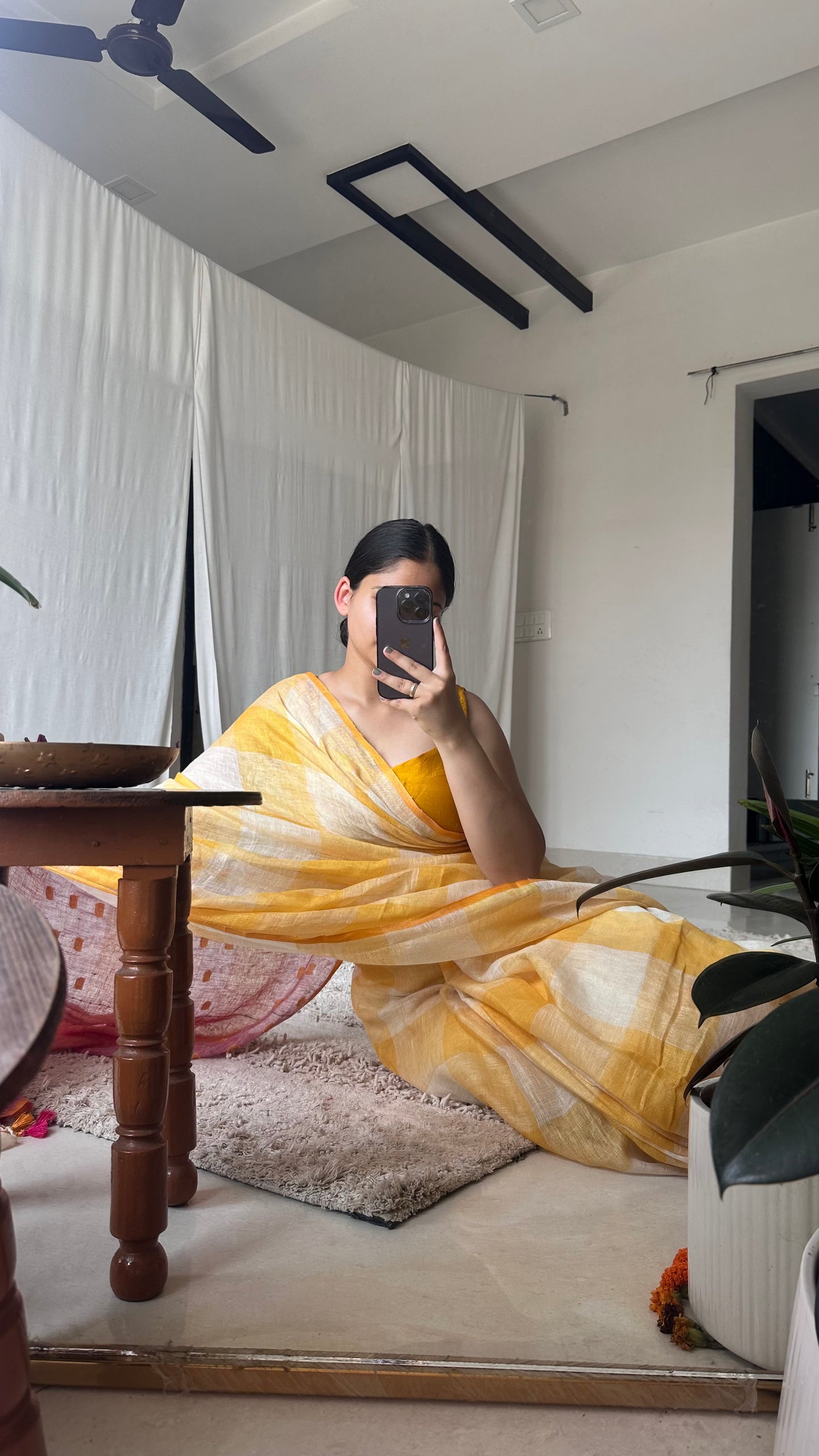 Yellow pink saree look