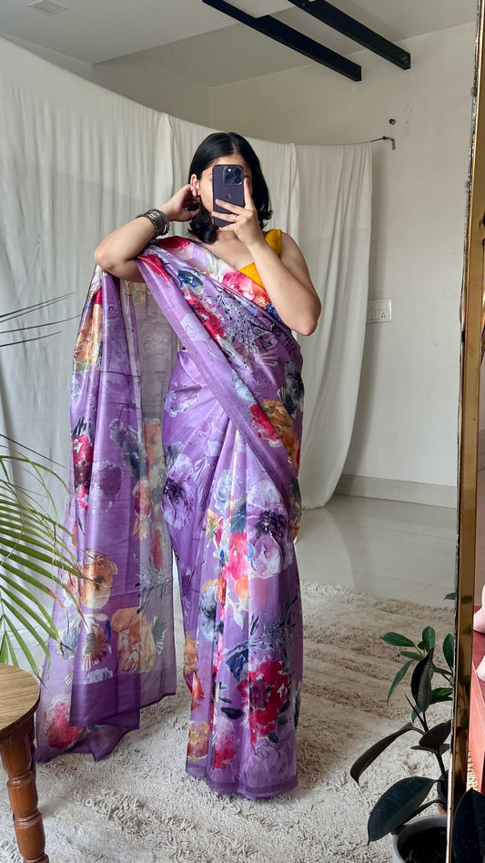 Lilac purple silk saree with digital floral print