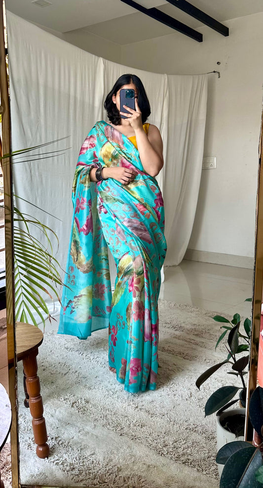 Sky blue floral print silk saree