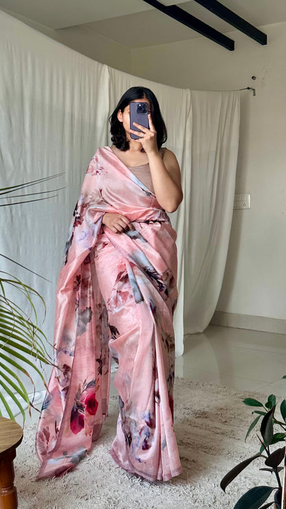 Pastel pink digital print lightweight floral saree 