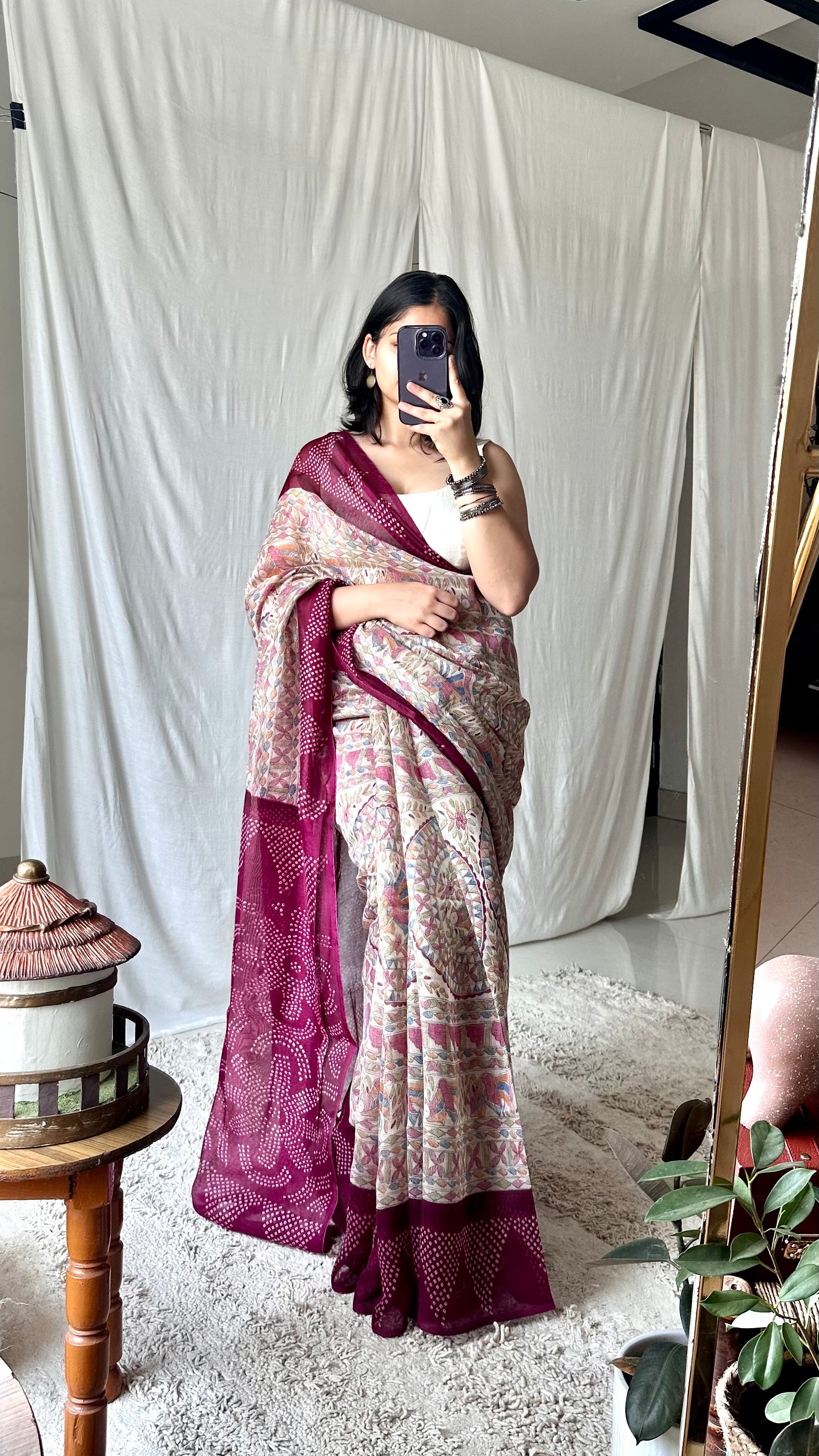 Chanderi cotton purple kalamkari print saree with bhandej 