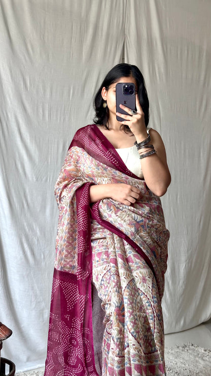 Chanderi cotton purple kalamkari print saree with bhandej 