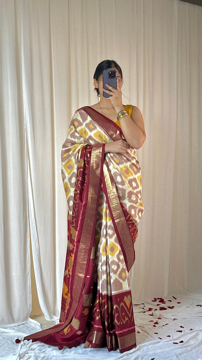 Burgundy bliss | Traditional patola printed silk saree in mehroon & cream