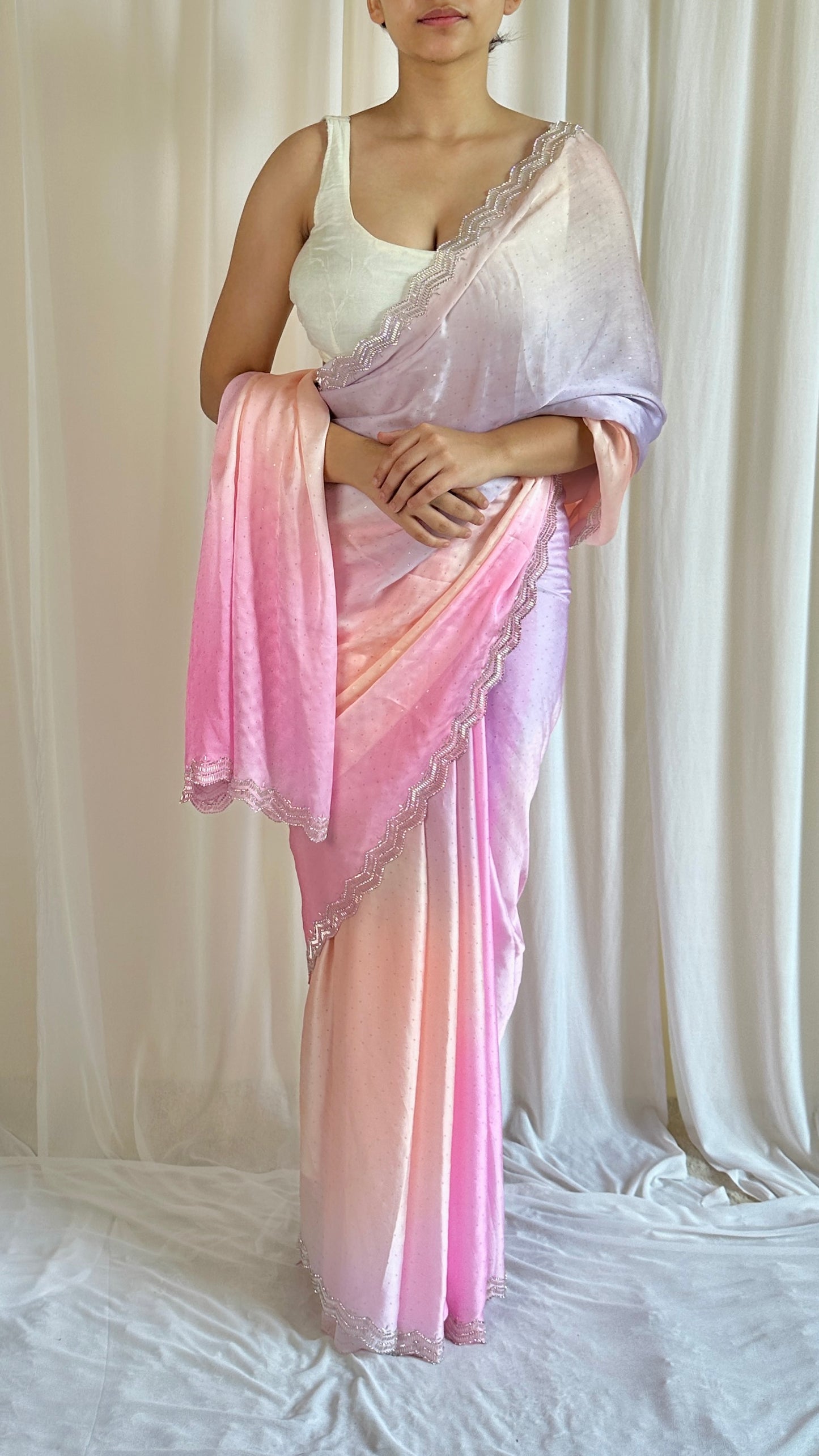 Pink sunset | Pink ombré satin saree