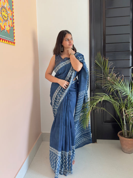 Indigo blue hand block printed mul cotton saree for office wear