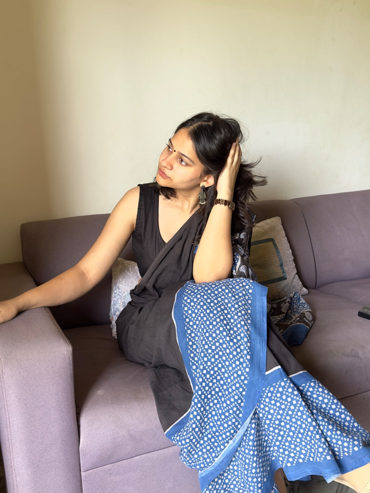 Lightweight black cotton saree with blue border detail