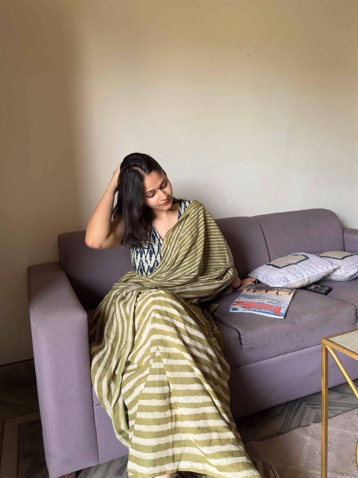 Lightweight green saree with stripes for summer