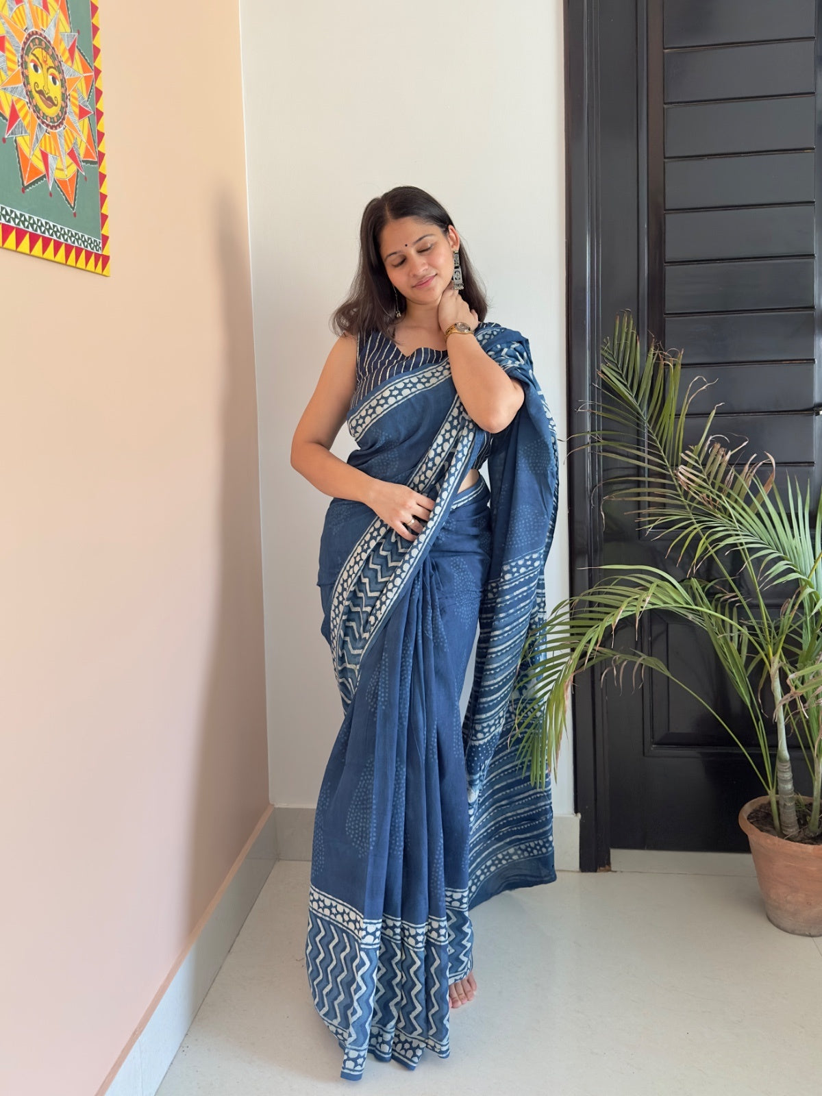 Lightweight indigo block printed mul saree for formal wear