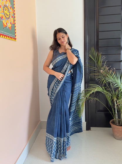 Lightweight indigo block printed mul saree for formal wear
