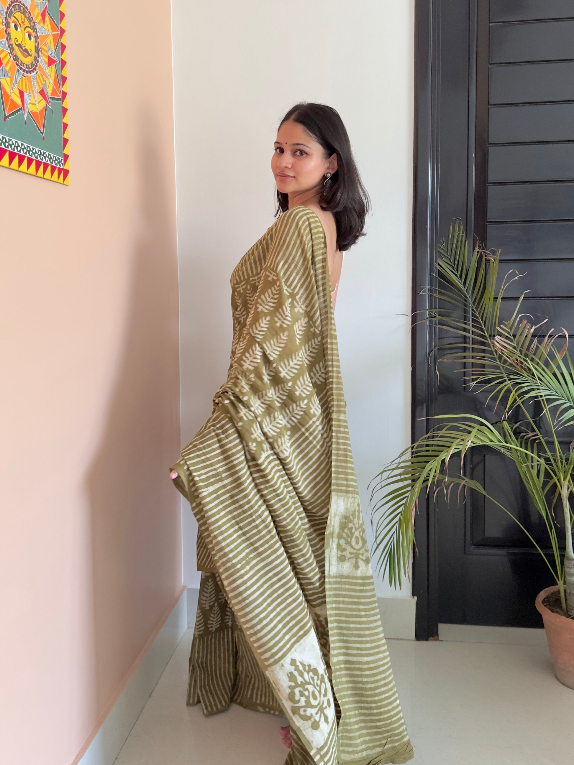 Lightweight olive green hand block saree for summer