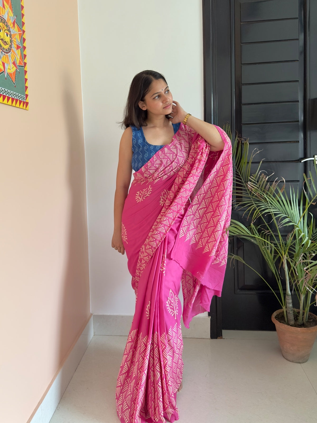 Lightweight pink floral saree for daily and office wear