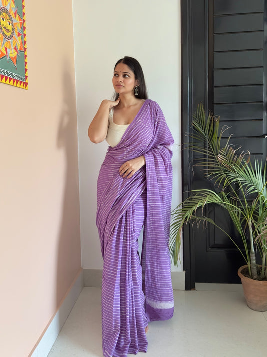 Lilac striped cotton saree
