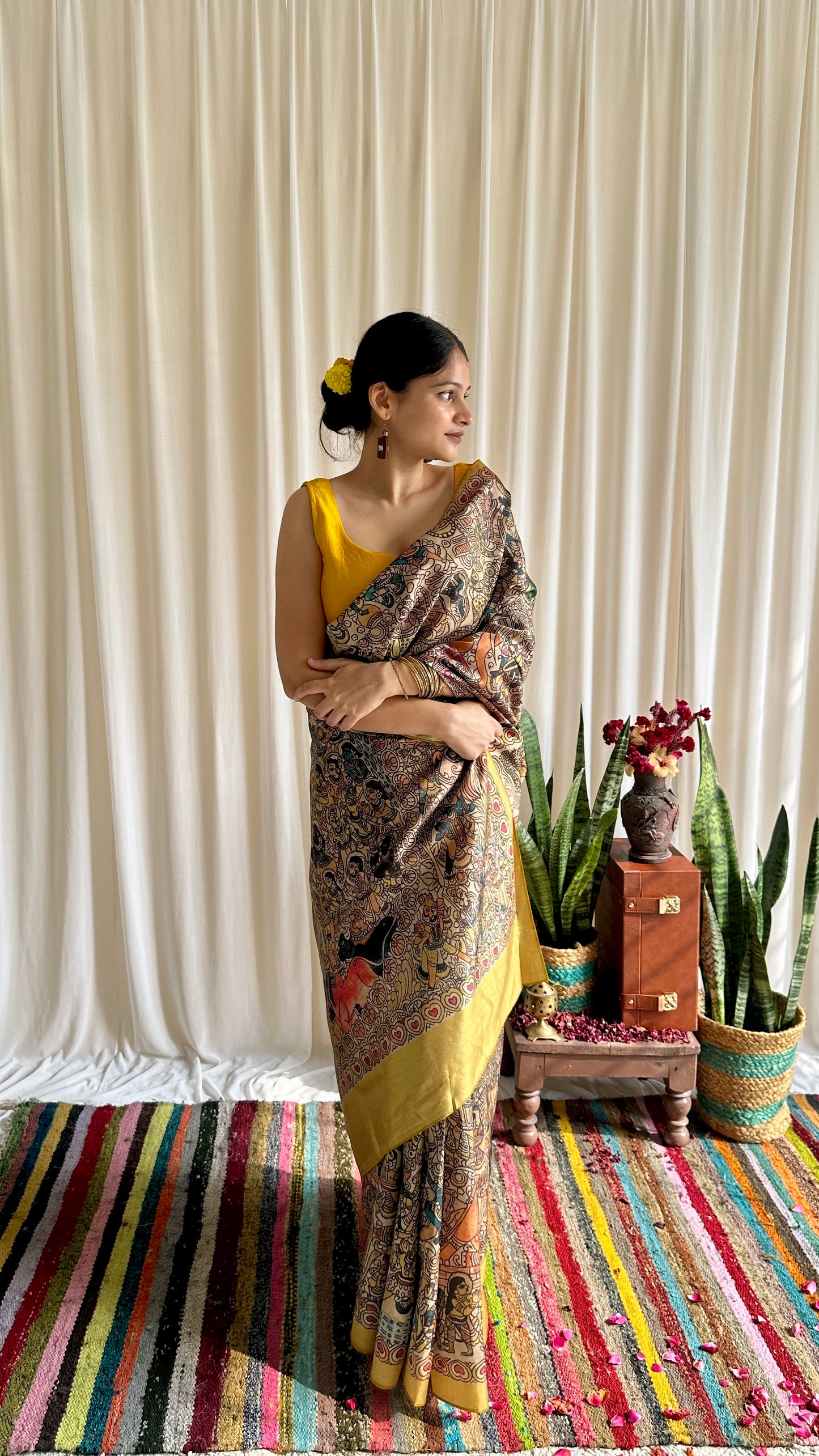 Madhubani printed yellow saree