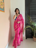 Magenta pink floral hand block printed cotton saree under 2000