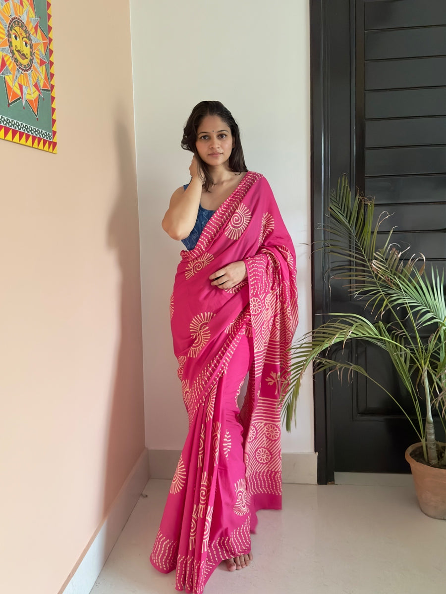 Magenta pink floral hand block printed cotton saree under 2000