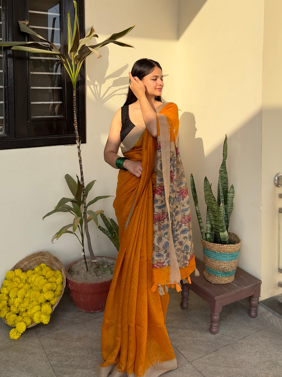 Mustard Kalamkari Chanderi Saree