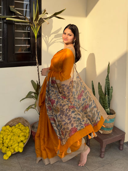 Mustard Kalamkari Chanderi Saree