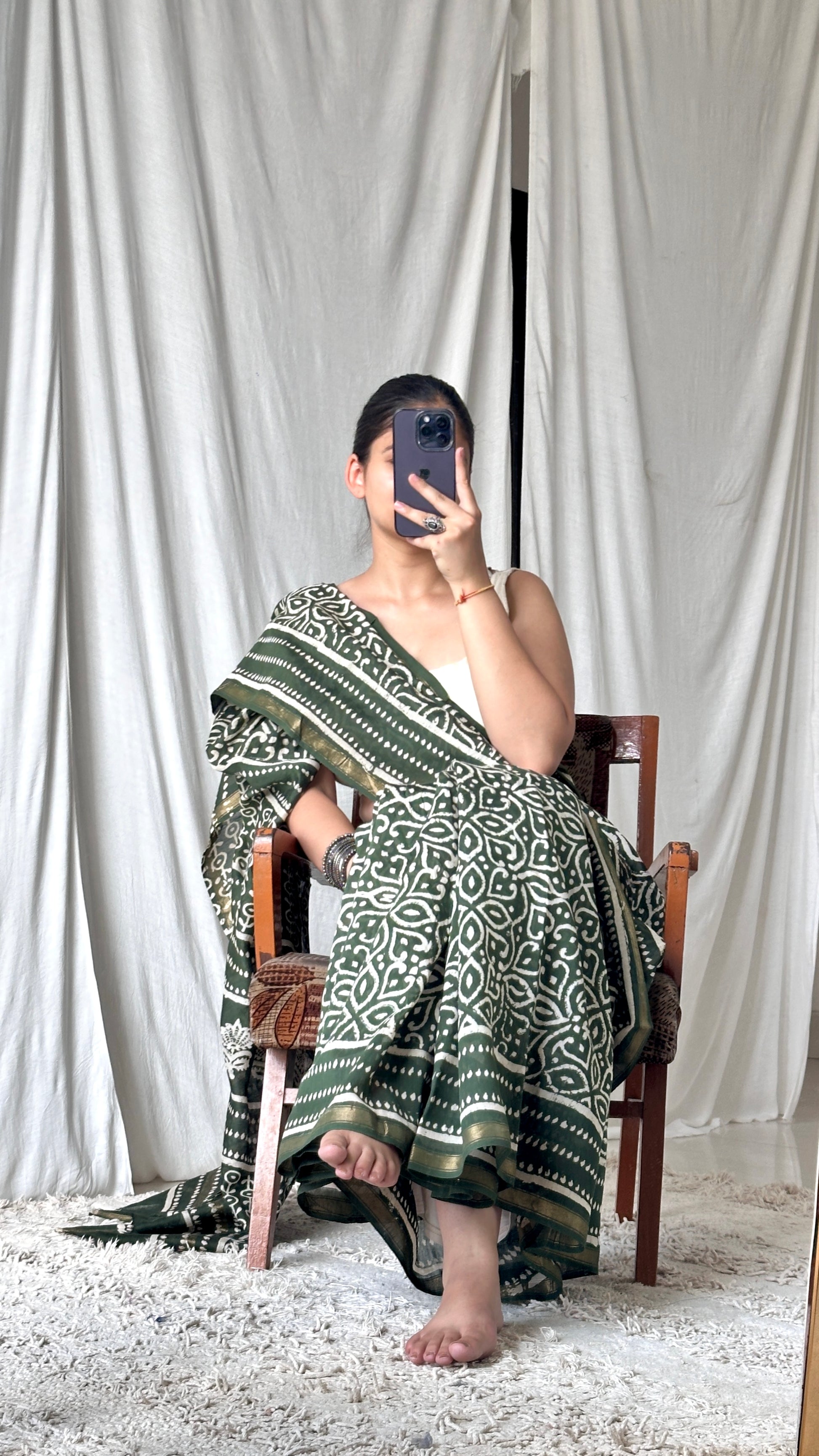 Olive green block printed saree