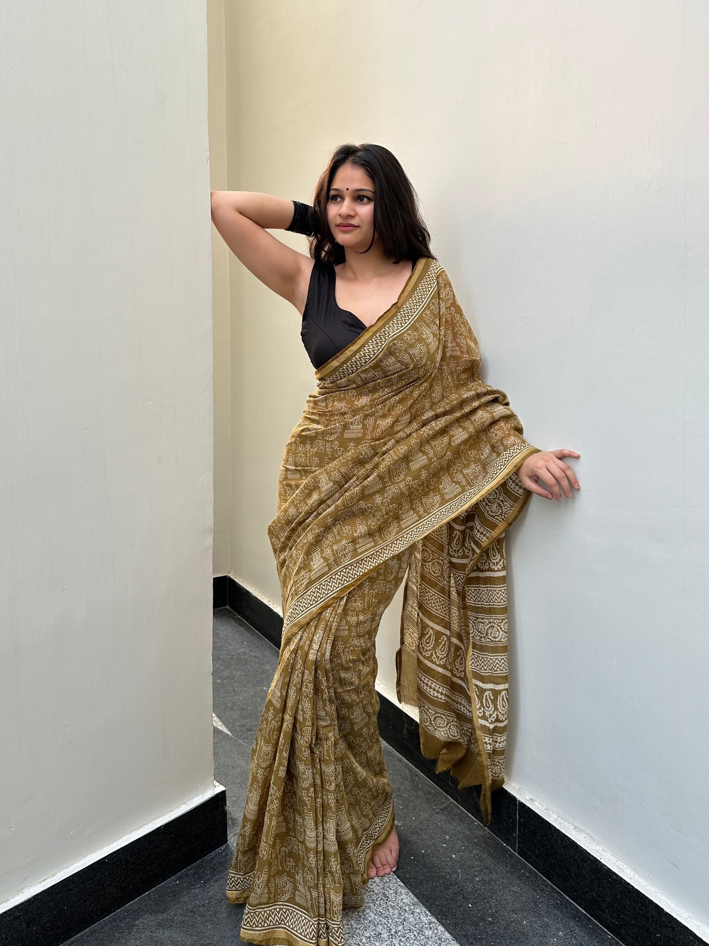 Olive Chanderi cotton saree