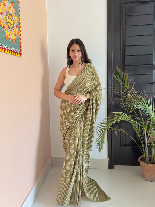 Olive green hand block printed cotton saree under 2000