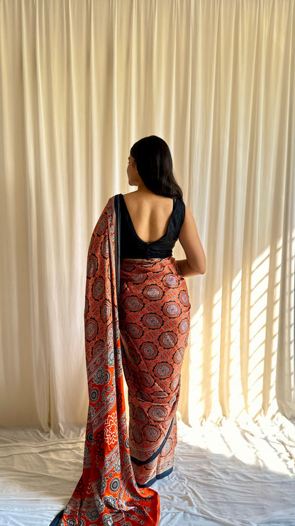 Orange saree Ajrakh print