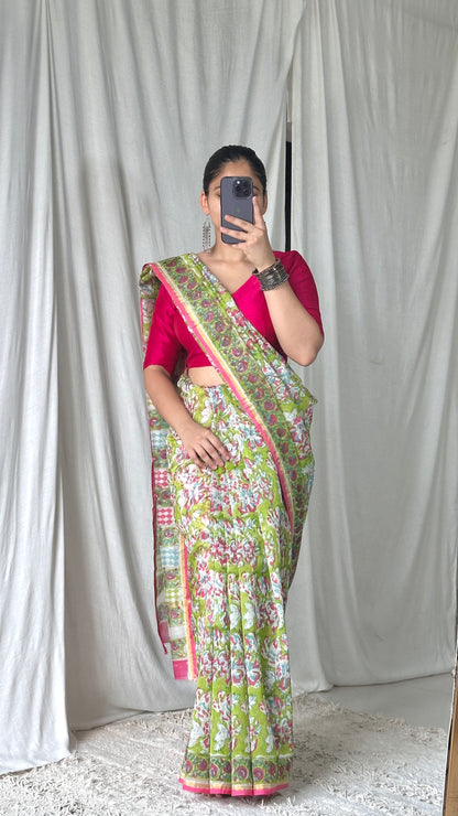 Parrot green floral saree