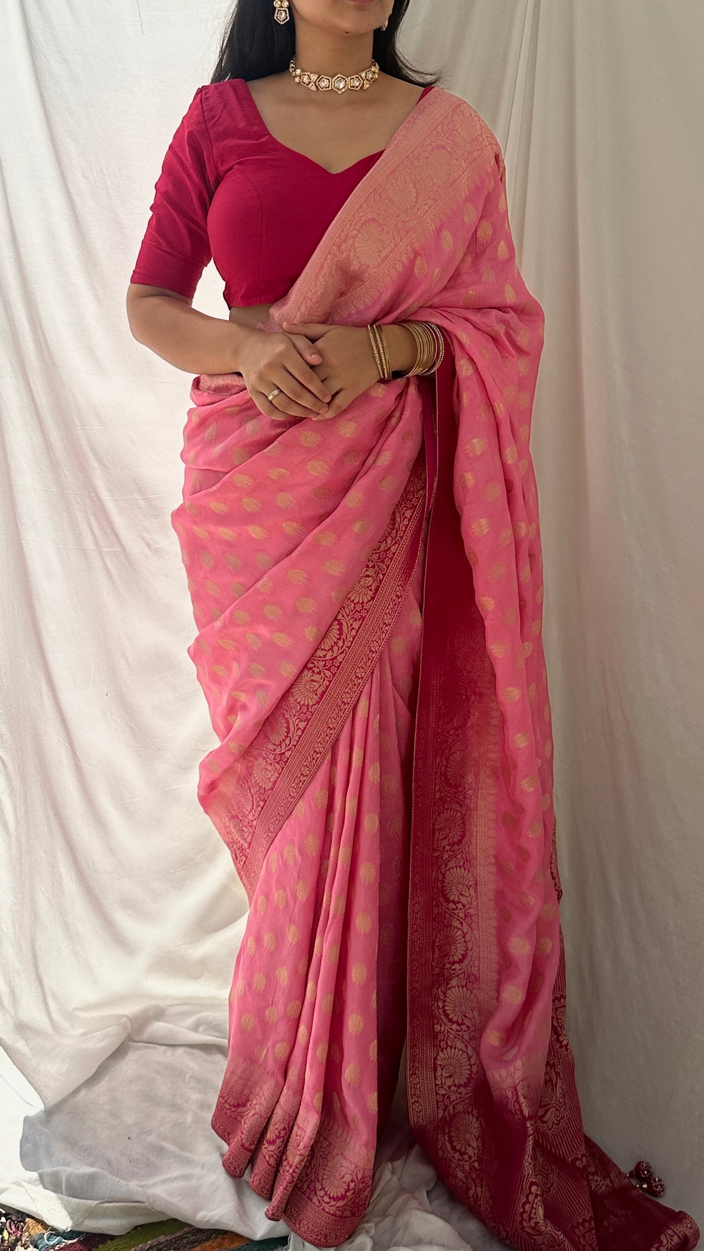 Pink saree with contrast blouse