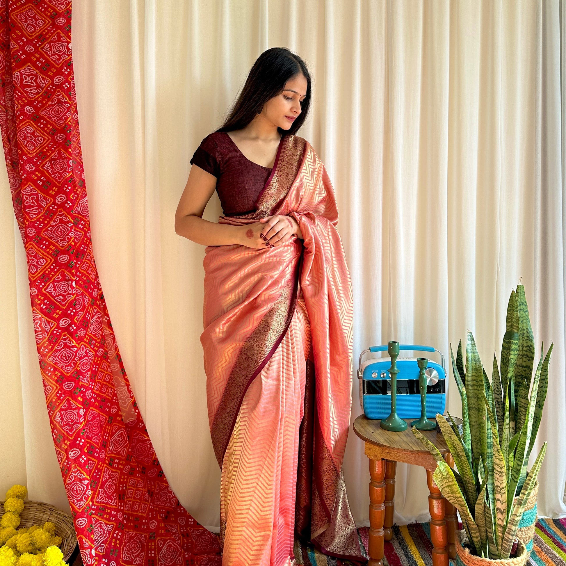 Pink and golden saree