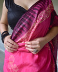 Pink block printed saree