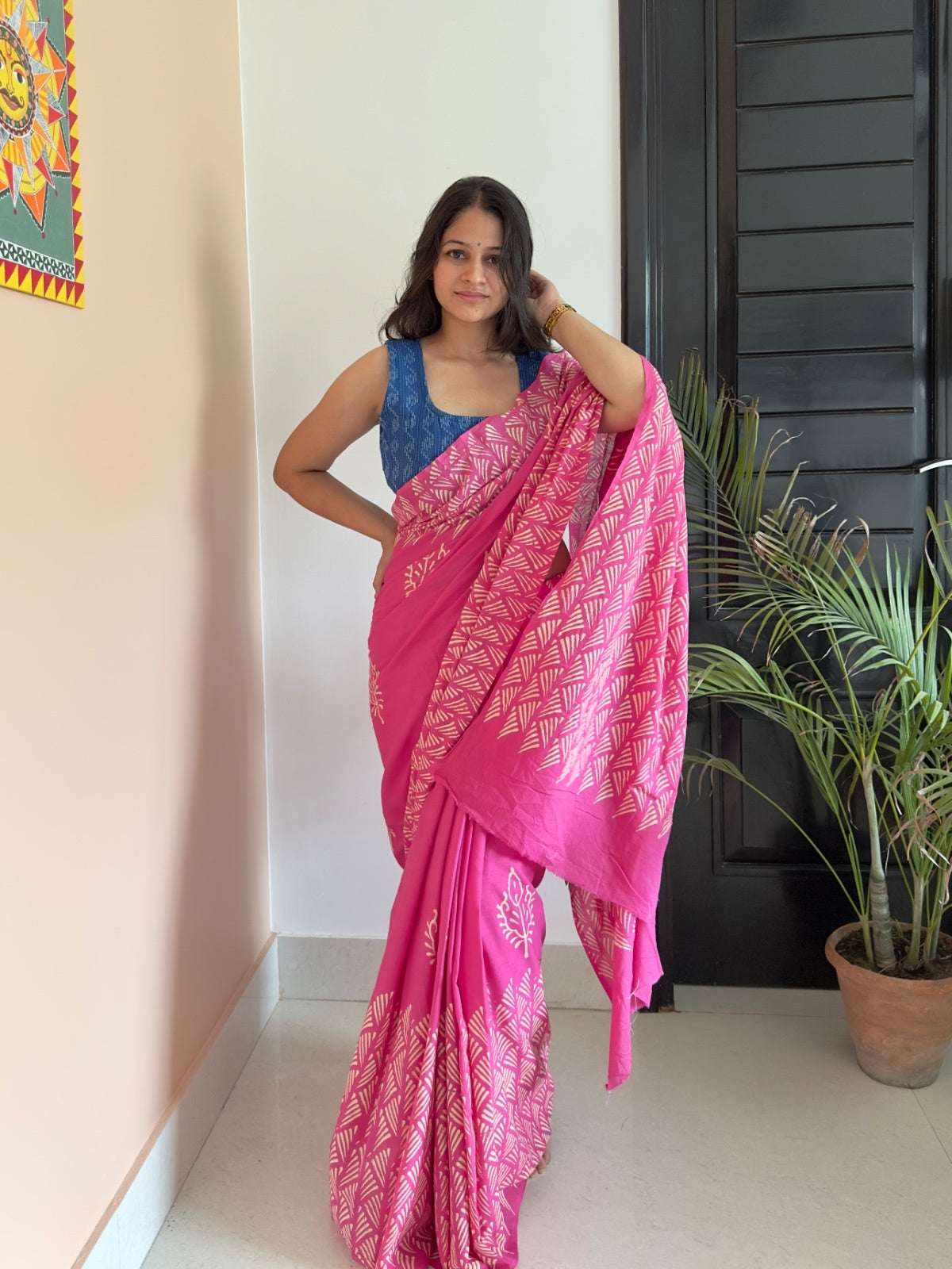 Pink floral hand block printed cotton saree for summer