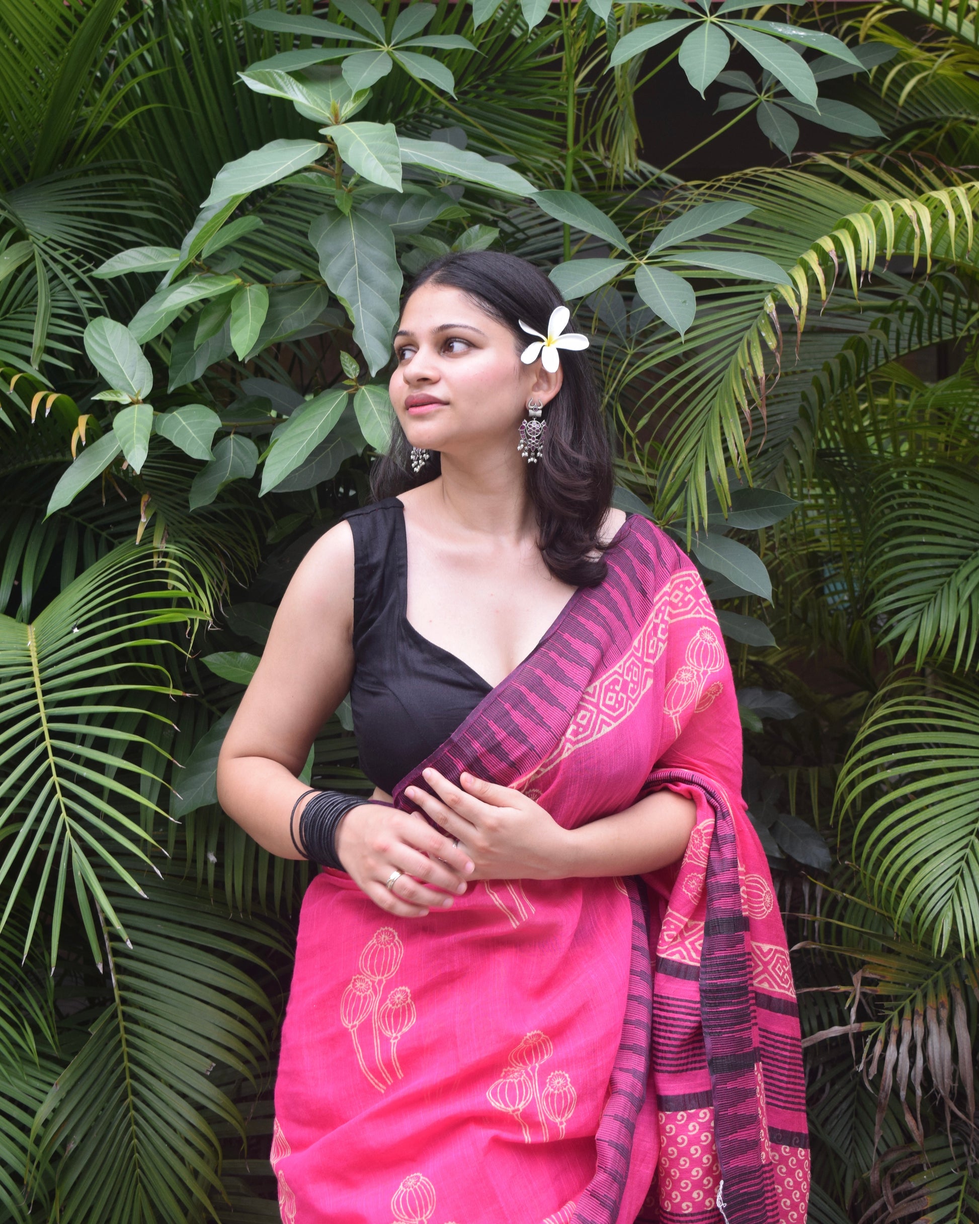 Pink floral hand block printed saree