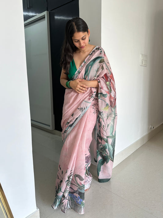 Pink floral printed linen saree
