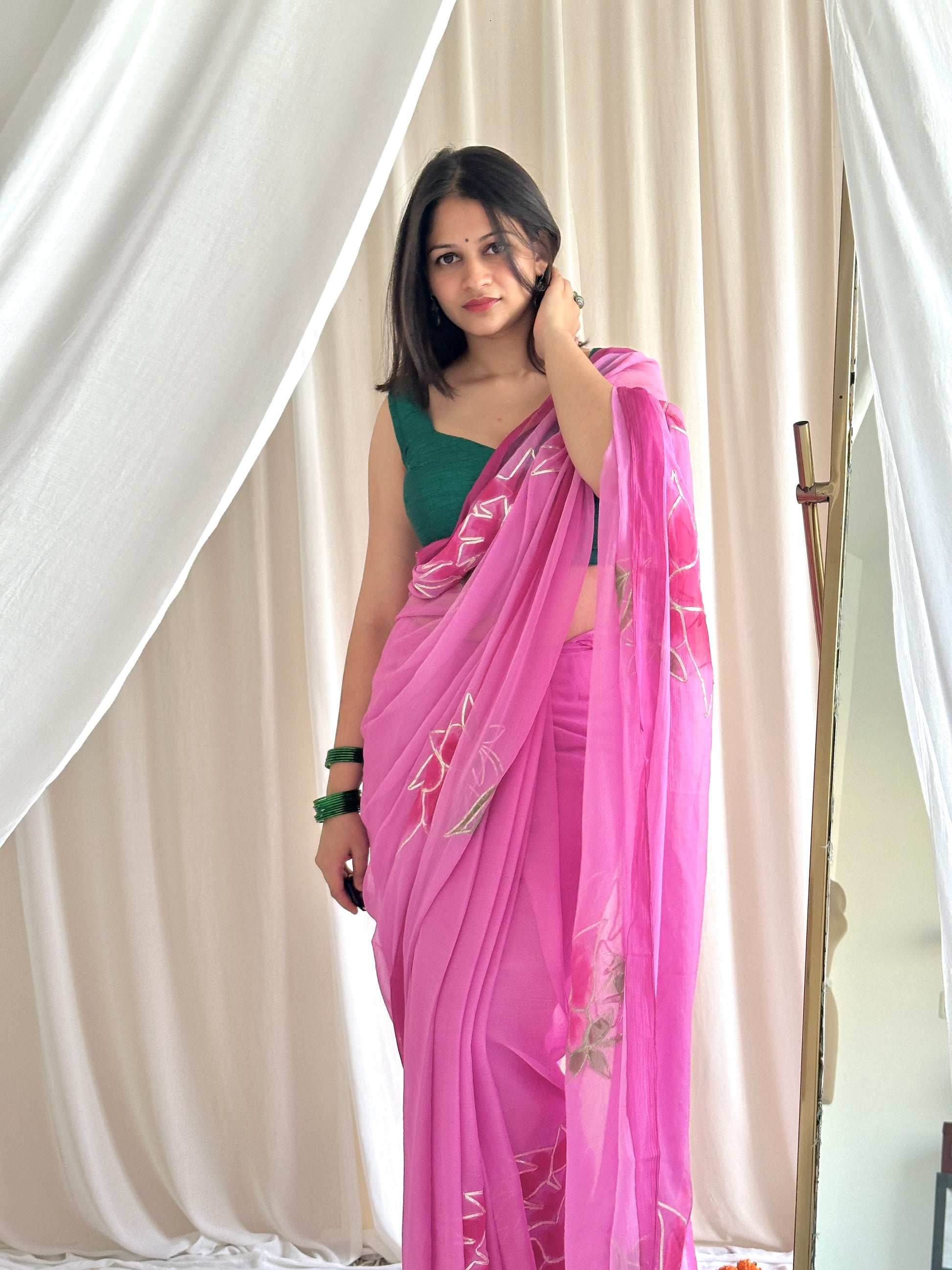 Pink floral saree look