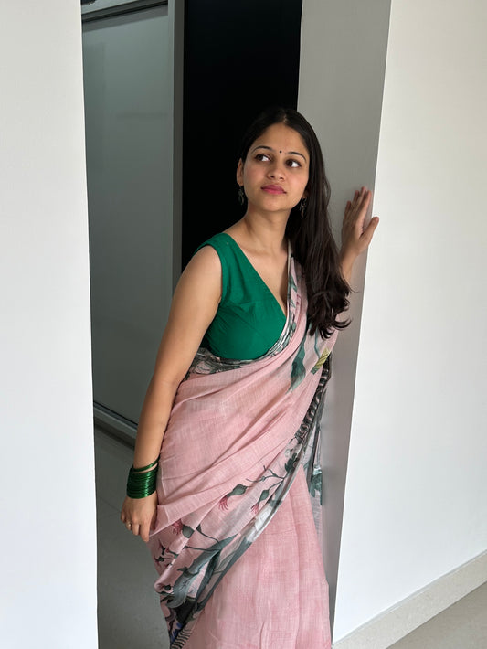 Pink linen saree