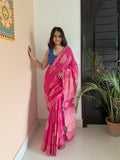 Pink saree with blue backless blouse