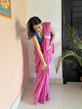 Pink striped hand block printed cotton saree
