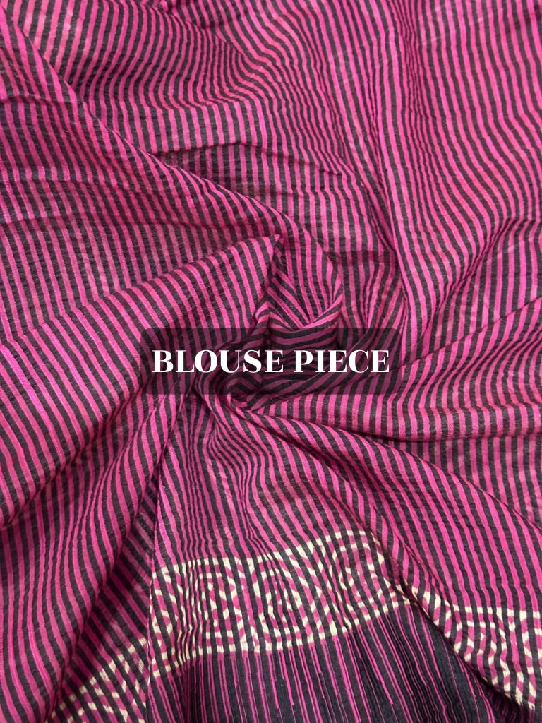 Close-up of pink and black striped fabric with 'BLOUSE PIECE' text overlay.