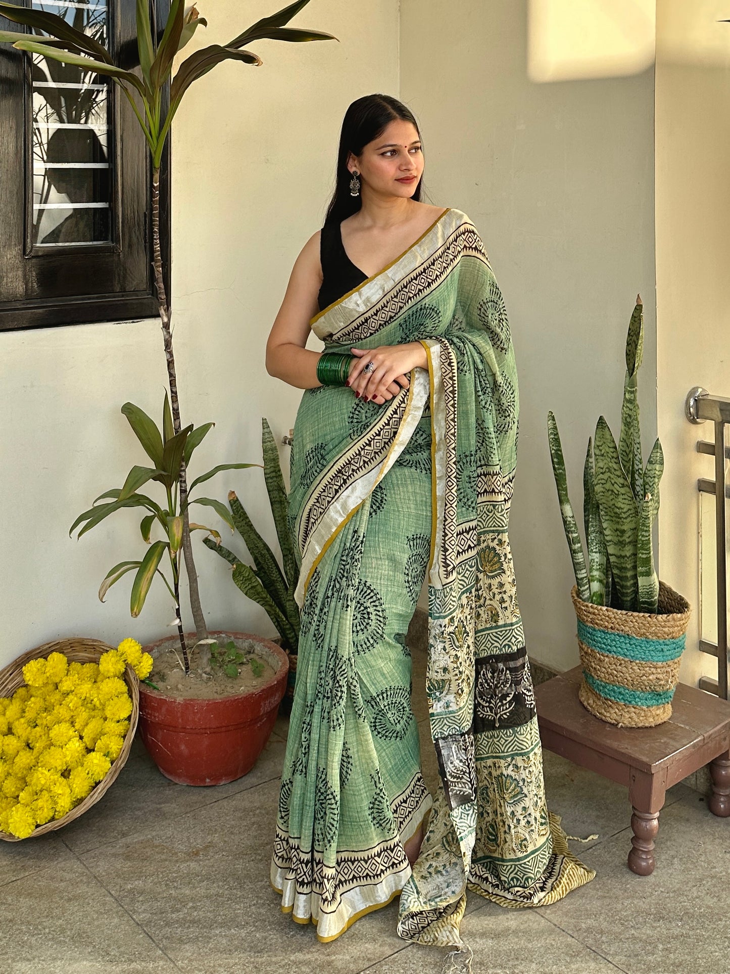 Pista Green Worli Cotton Saree