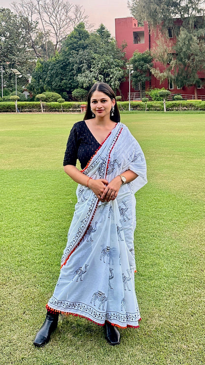 Plain saree with camel print